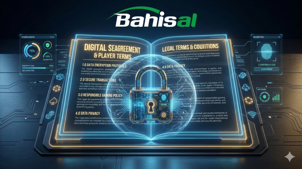 Bahisal şartlar ve koşullar protokollerini temsil eden 256-bit SSL korumalı dijital sözleşme görseli.